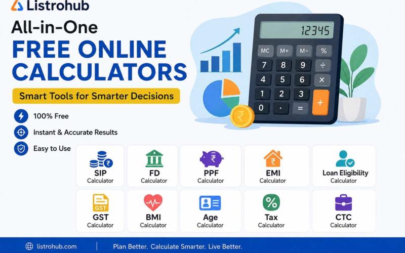 Free Online Calculators on Listrohub: SIP, FD, PPF, EMI, GST, BMI, Age, Tax, CTC & Loan Eligibility Calculator