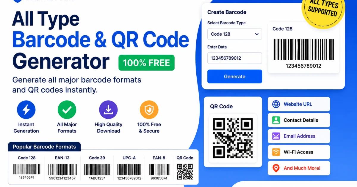 Free Barcode & QR Code Generator Online – Create All Types of Barcodes Instantly with ListroHub